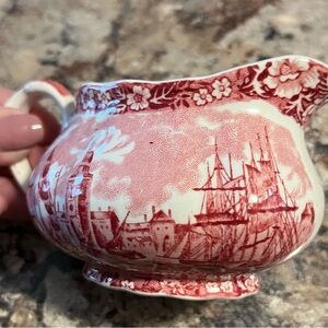Palissy England Pottery Vintage Red and White Cream Pitcher Thames River Scenes